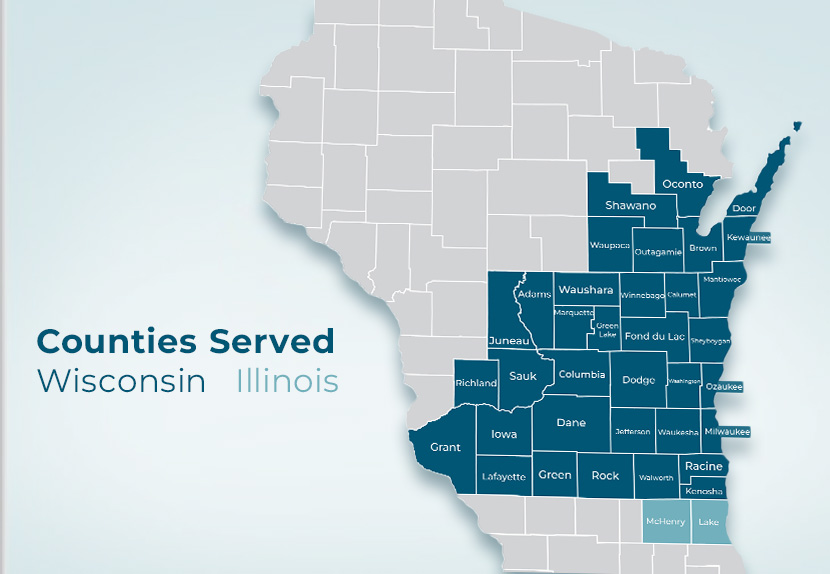 Map of Wisconsin and Northern Illinois that reads "Counties Served Wisconsin Illinois." The counties are highlighted on the map.