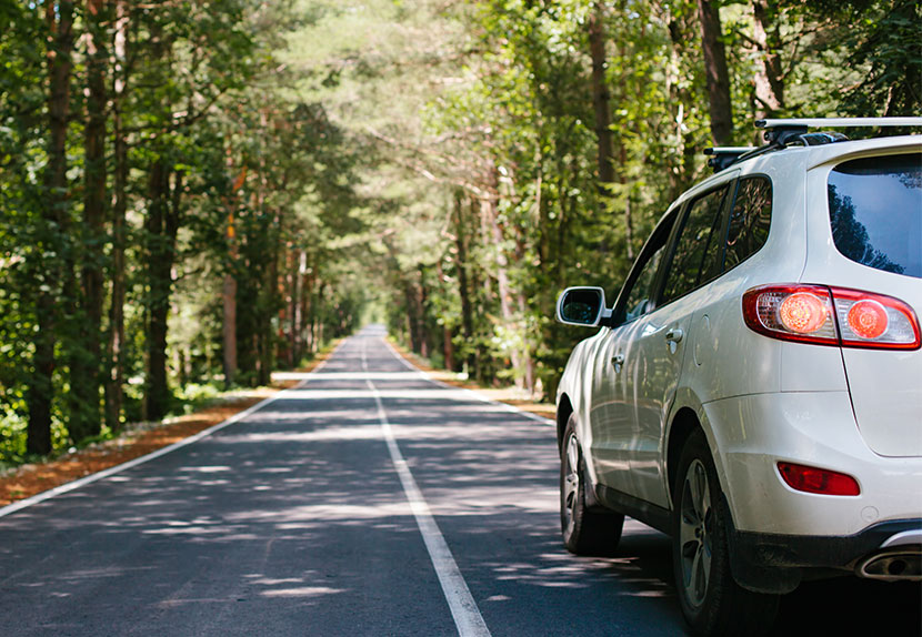 Car driving on a scenic road in the summer