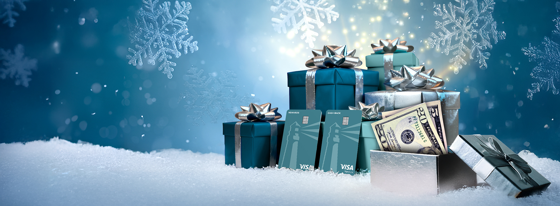 Holiday gifts with landmark credit cards and cash