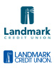 Landmark Credit Union logo with updated branding in 2023. The new logo features a lighthouse with the copy "Landmark Credit Union" in white. Rays of light flank the lighthouse.